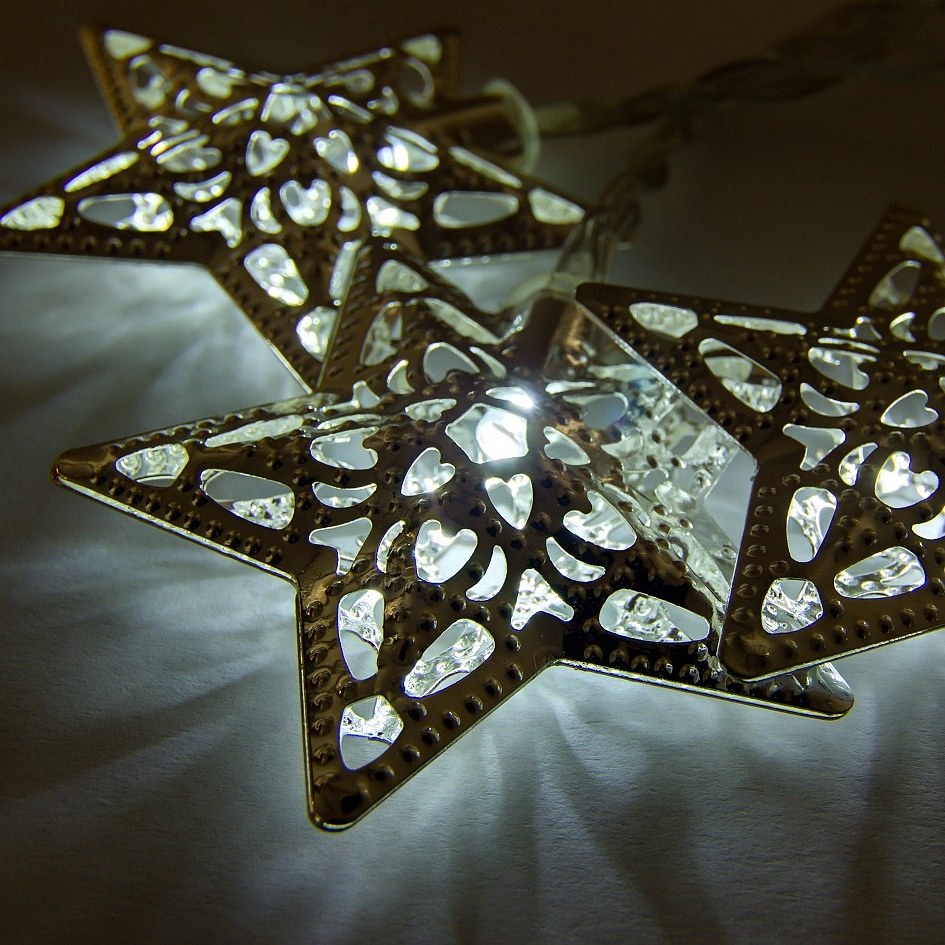 LED světelný řetěz na baterie, kovové hvězdy styl vintage, ledově bílá, 10 diod, 2,8m