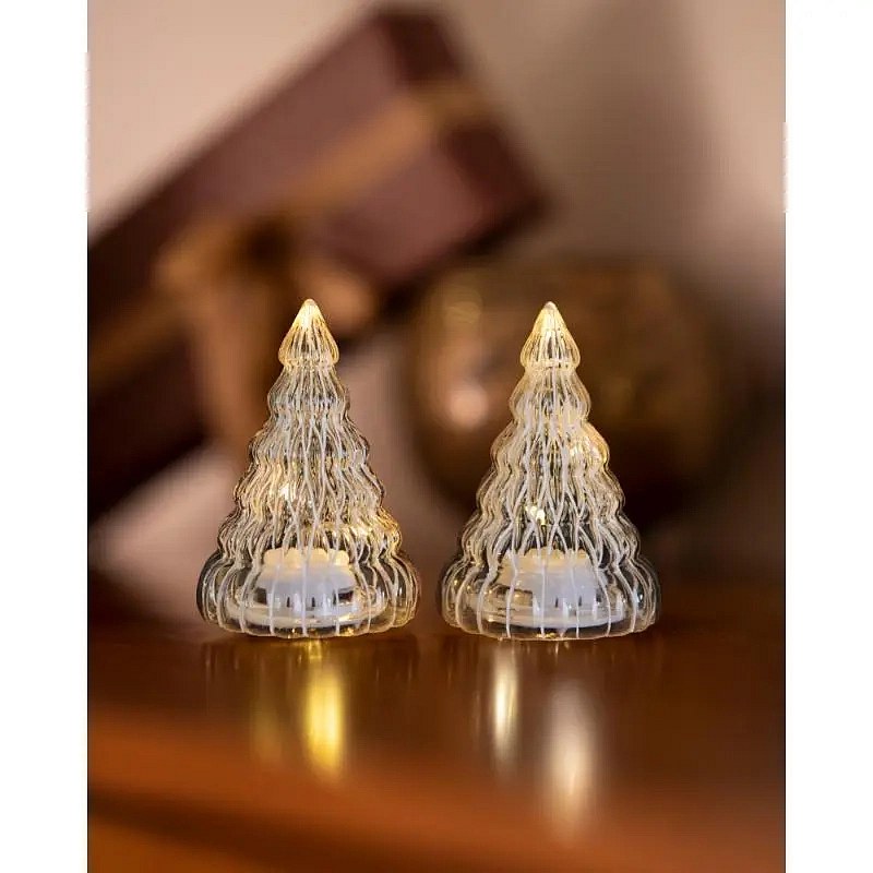 LED světelný stromeček, skleněný, sada 2 kusy, čirý, 9 cm, s hvězdou
