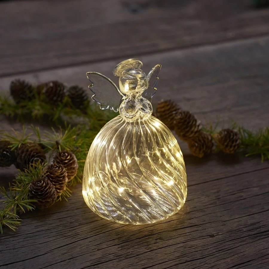 LED světelný skleněný anděl, 13cm, čirý