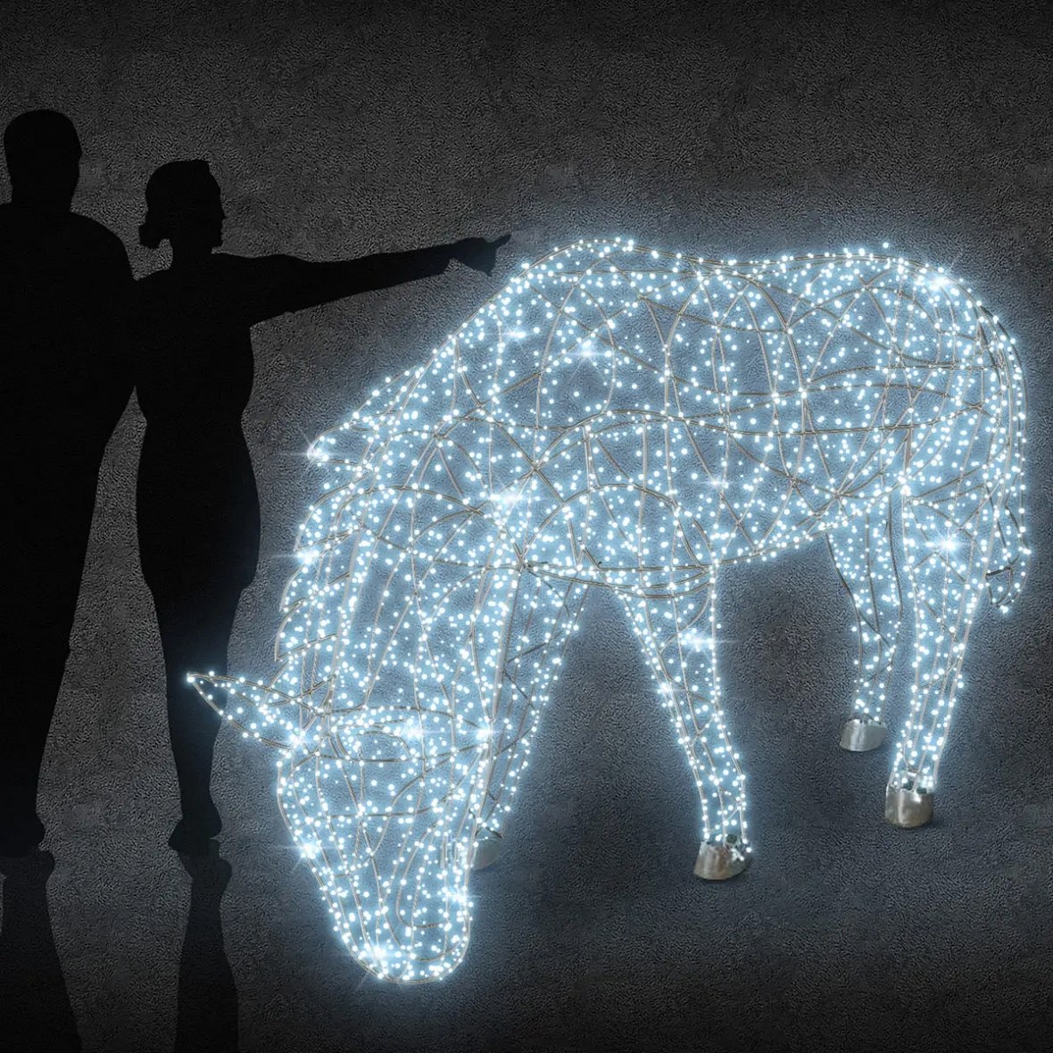 3D LED světelný kůň se skloněnou hlavou, 250 × 160 × 60 cm, ledově bílá, 36 V, 33,4 W, 25 kg, 2 díly