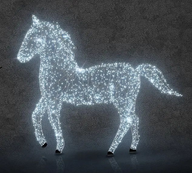 3D LED světelný kůň s otočenou hlavou, 250 cm, ledově bílá, 36 V, 33,4 W, 25 kg, ze 2 dílů