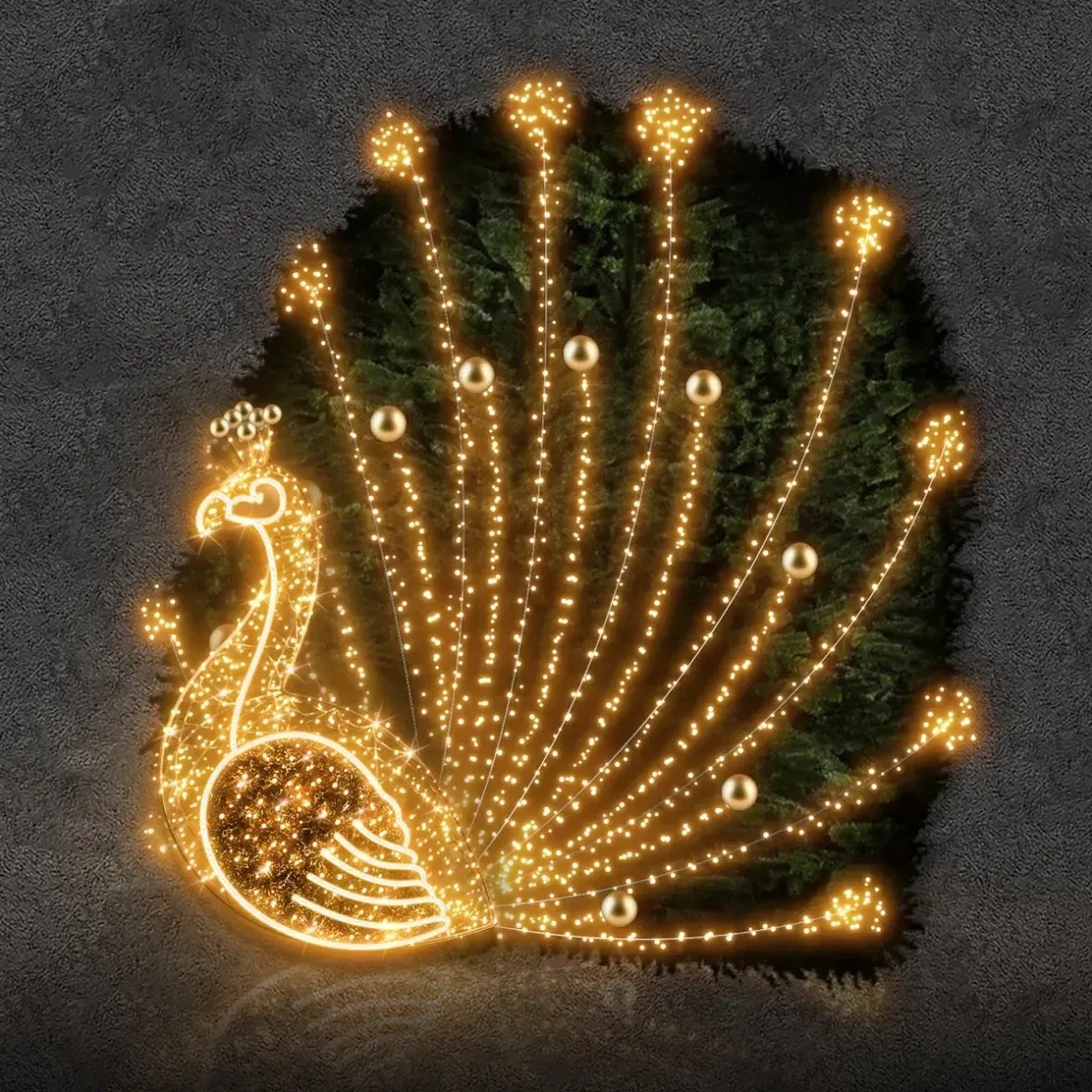 3D LED světelný páv, 200 × 200 × 160 cm, teple bílá