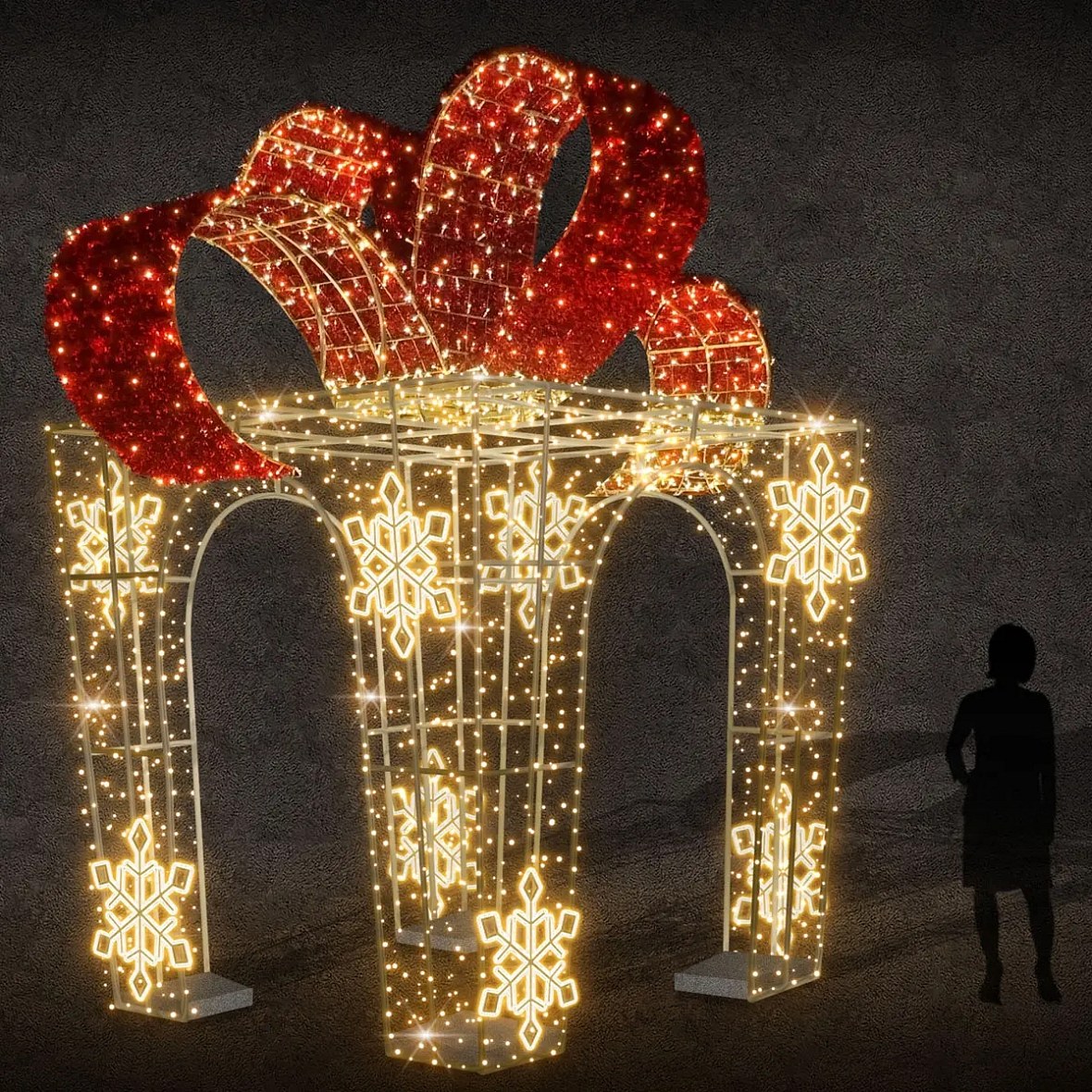3D LED světelný dárek, 245 × 450 × 245 cm, teple bílá, 36 V, 65,8 W, 134,8 kg, z 10 dílů