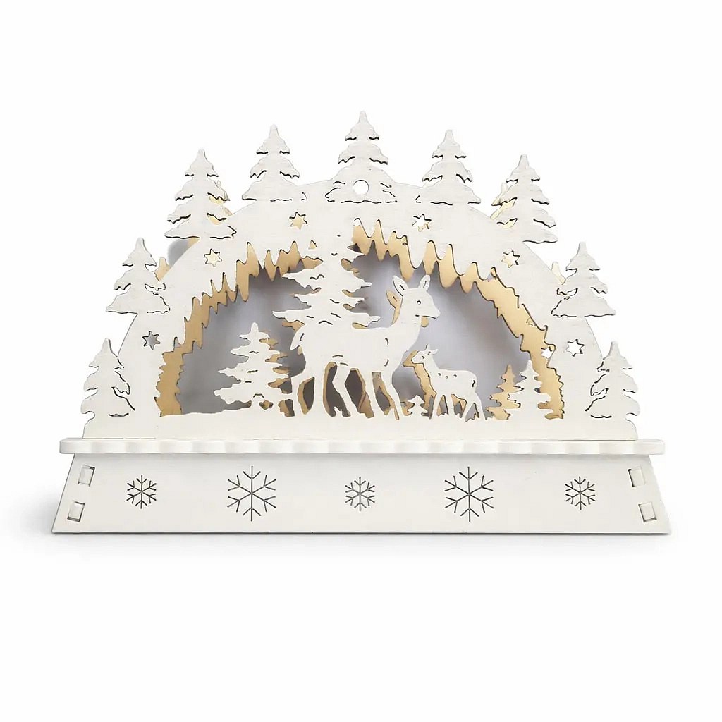 LED vánoční svícen do okna les dřevěný, 38 × 34 cm, teple bílá, 2× AA