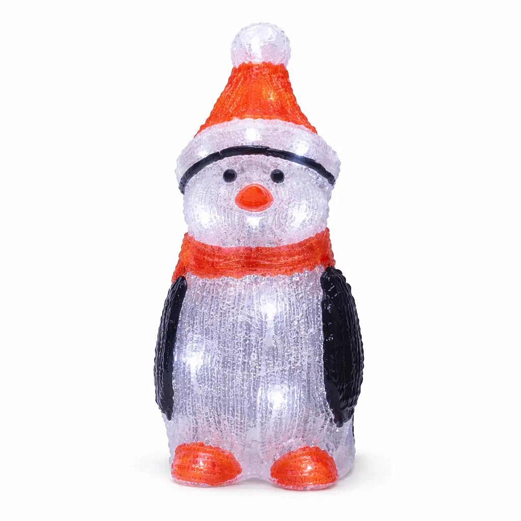3D LED svítící tučňák 36 cm, s časovačem, ledově bílá, akryl, IP44 venkovní, vč