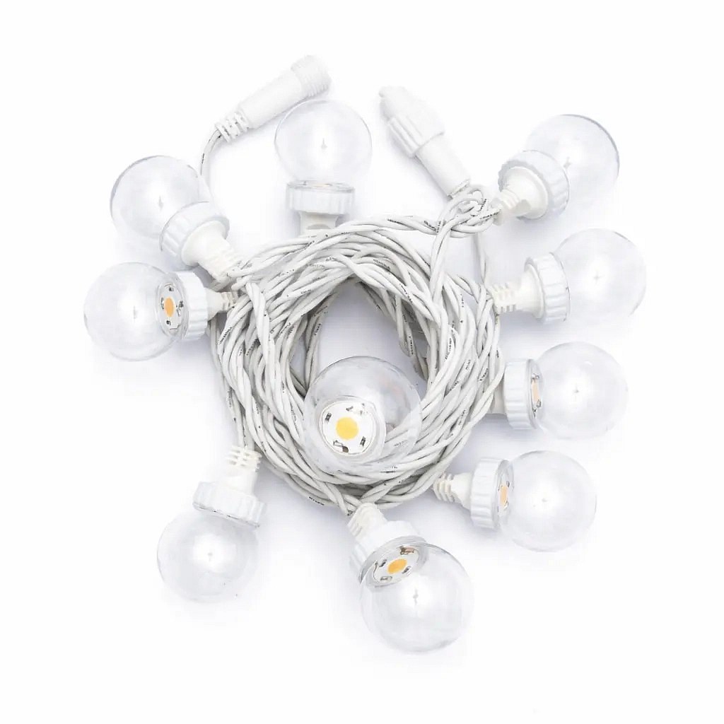 Party osvětlení 5 m, 10 teple bílých LED, průhledné baňky, bílý kabel