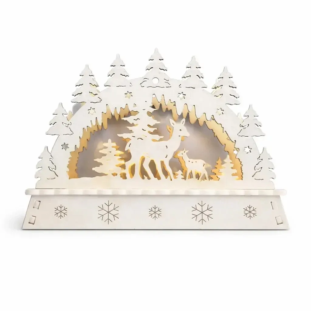 LED vánoční svícen do okna les dřevěný, 15 × 11 × 5 cm, teple bílá, 2× AA
