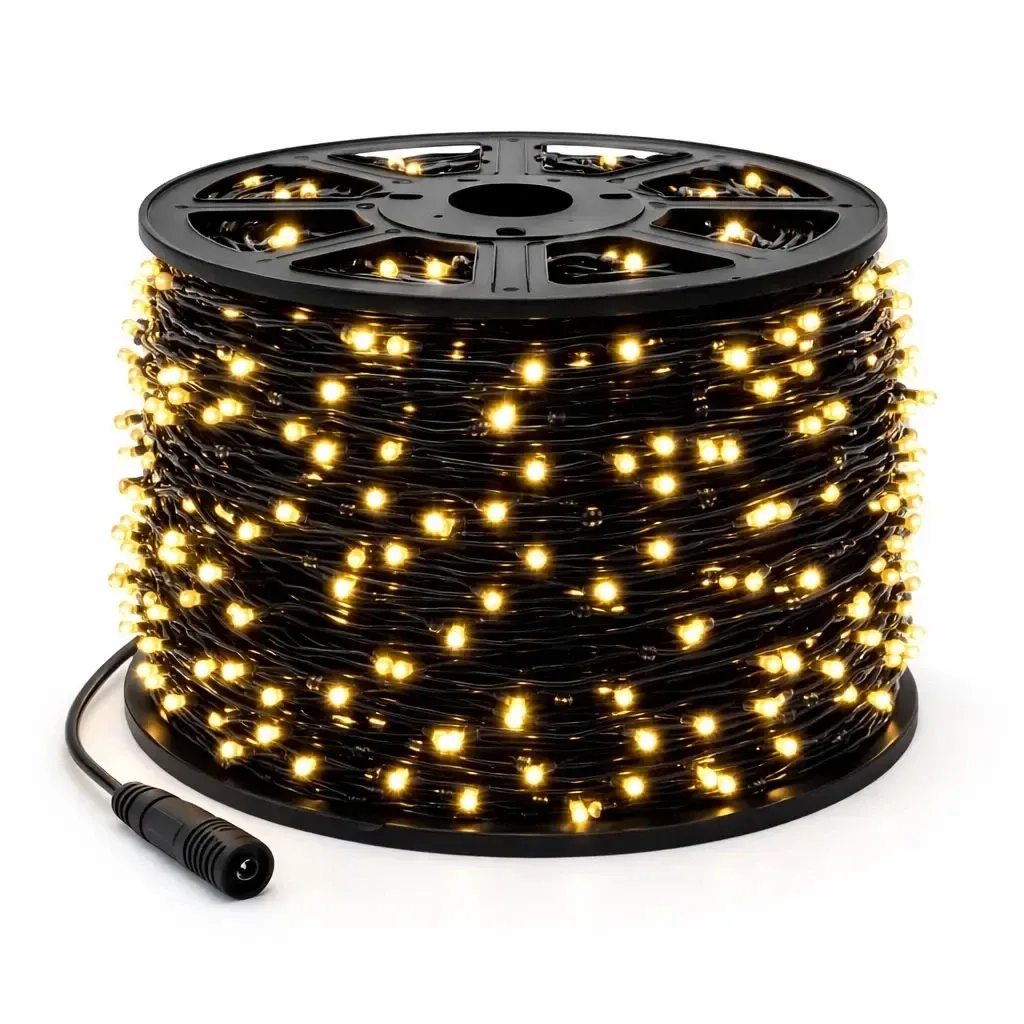 LED světelný řetěz 100 m, 36 V, 600 diod, teple bílá, černý kabel IP67, Eco Fix