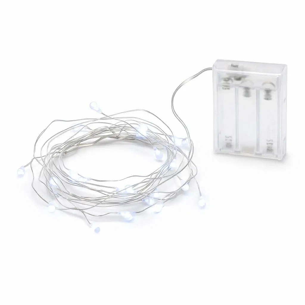 LED světýlka na baterky kapičky 2 m, ledově bílá, 20 diod, drátek, 3× AA, časovač