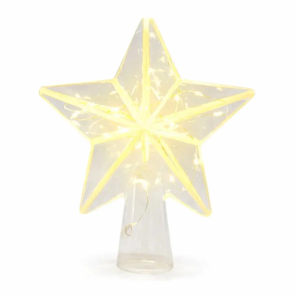 LED svítící hvězda na stromeček 18 × 22 × 6,5 cm skleněná, teple bílá, 20 diod, 2× AAA