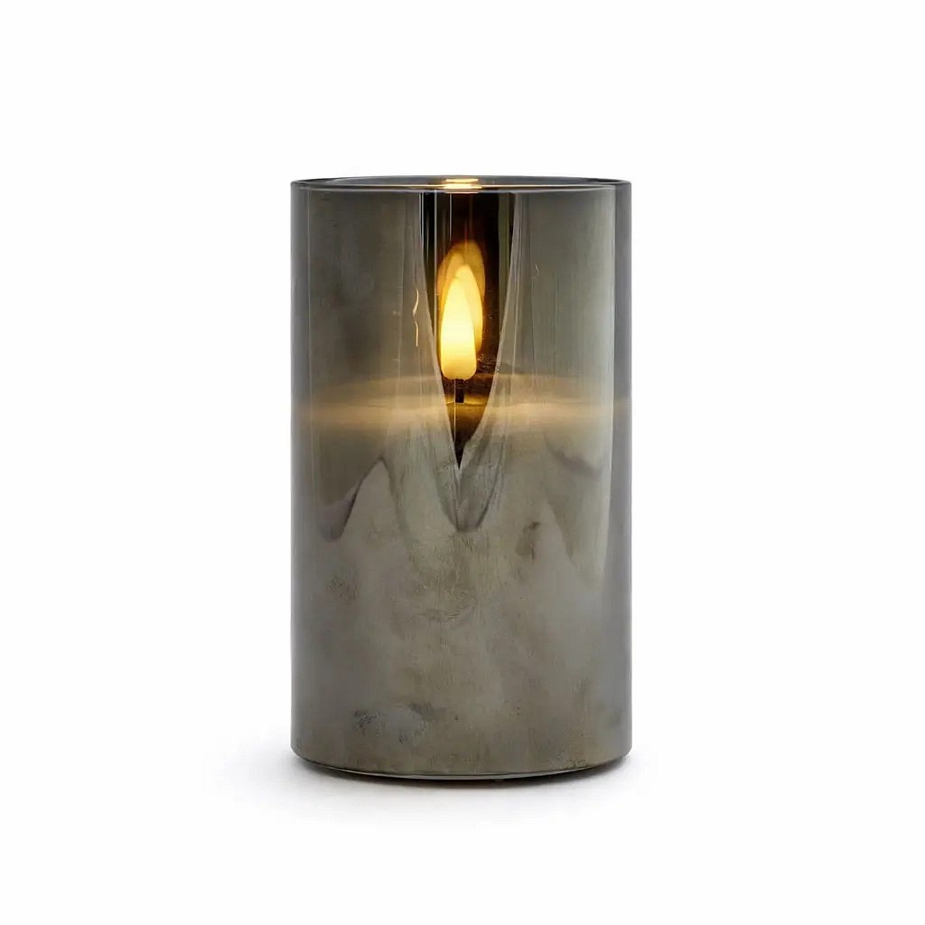 LED svíčka ve skle na baterie, Ø 7,5 × 15 cm, šedá, 2× AA, teple bílá