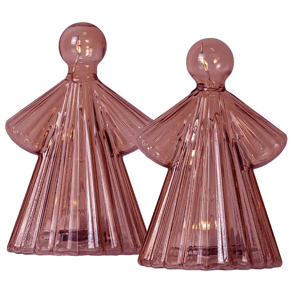 LED svítící anděl, skleněný, vínový, 10 cm, sada 2 kusy