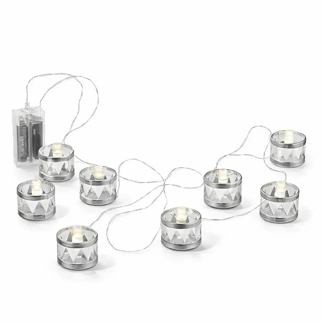 LED dekorační světelný řetěz na baterky 150 cm, stříbrné bubínky, teple bílá, 8 diod, interiér, 2× AA