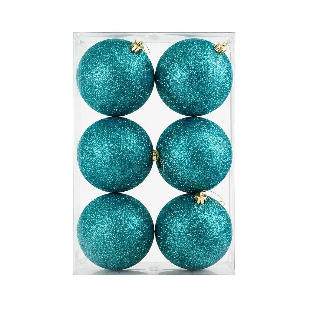 Sada vánočních ozdob paví zelená 10 cm plastová koule glitter, balení 6 ks
