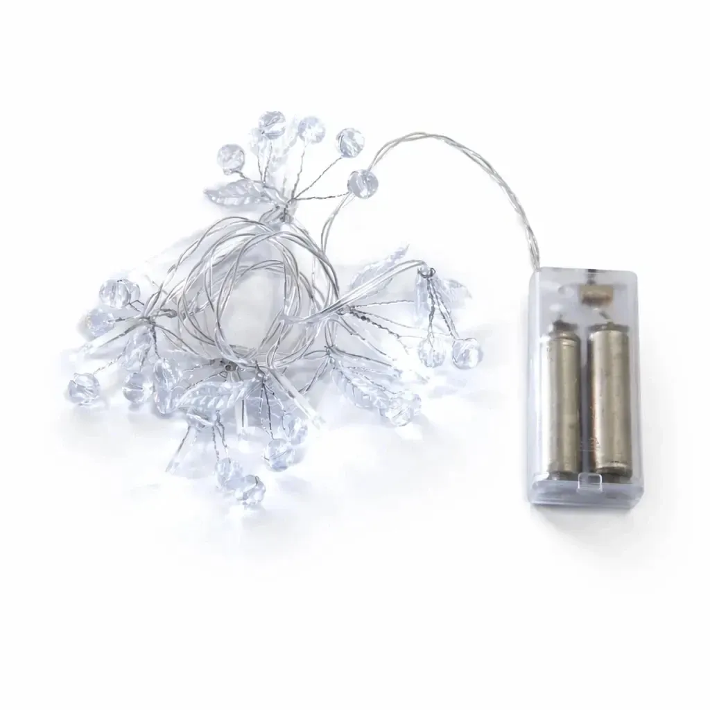 LED světýlka na baterie krystalky 1,3 m ledově bílá, 10 diod, čirý kabel IP20, 2× AA
