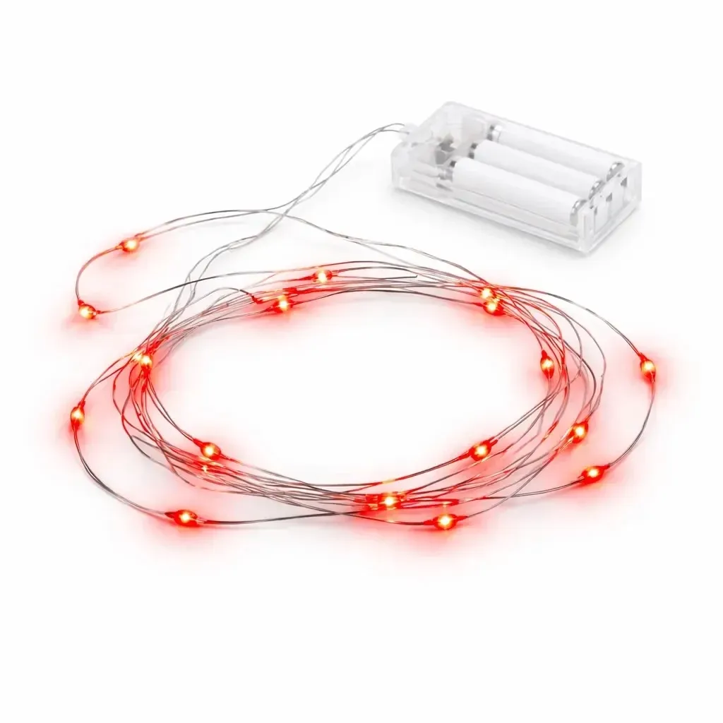 LED světelný řetěz na baterie červená 230 cm, IP20 interiér, drátek a 20 diod, 3× AA