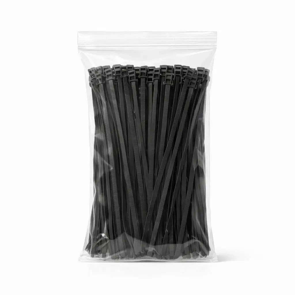 Plastové stahovací pásky 3,6 mm × 20 cm černá univerzální venkovní WKK, balení 100 ks