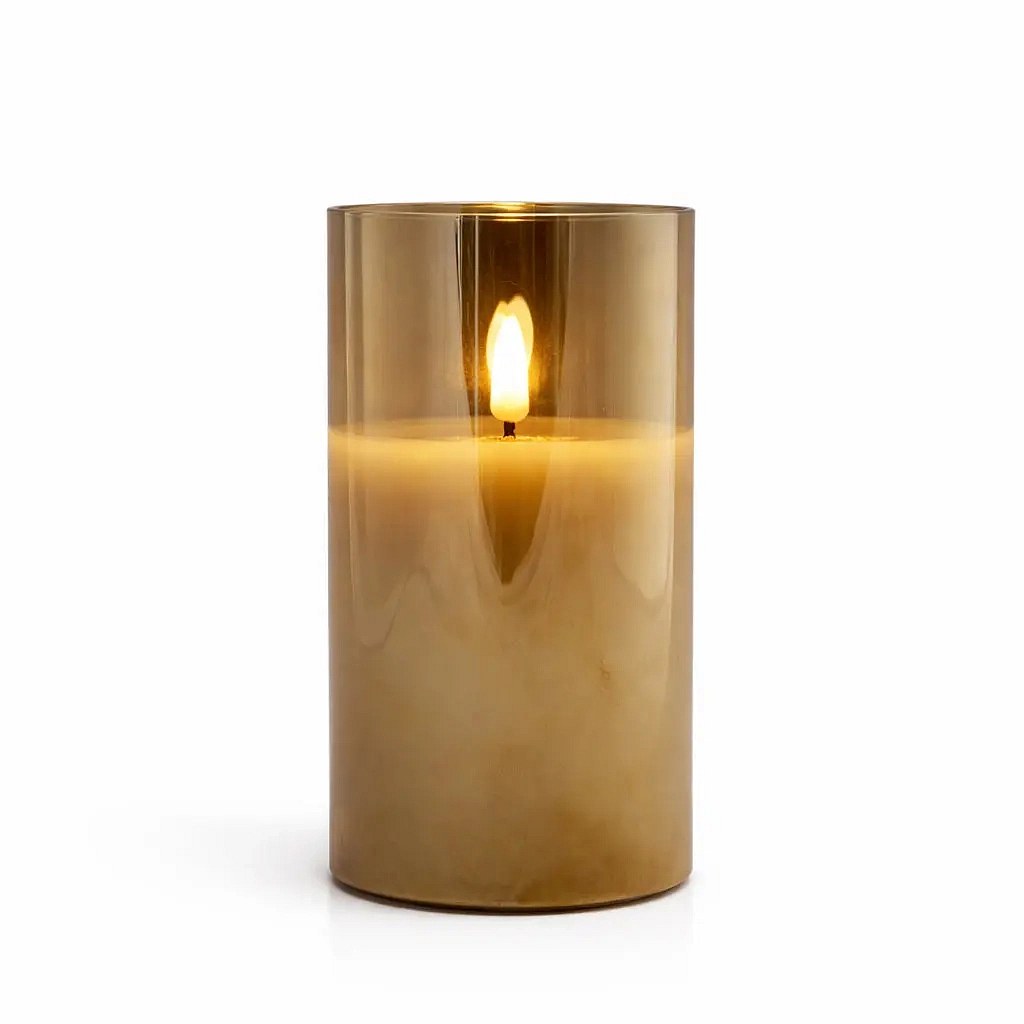 LED svíčka ve skle na baterie, Ø 7,5 × 15 cm, zlatá, 2× AA