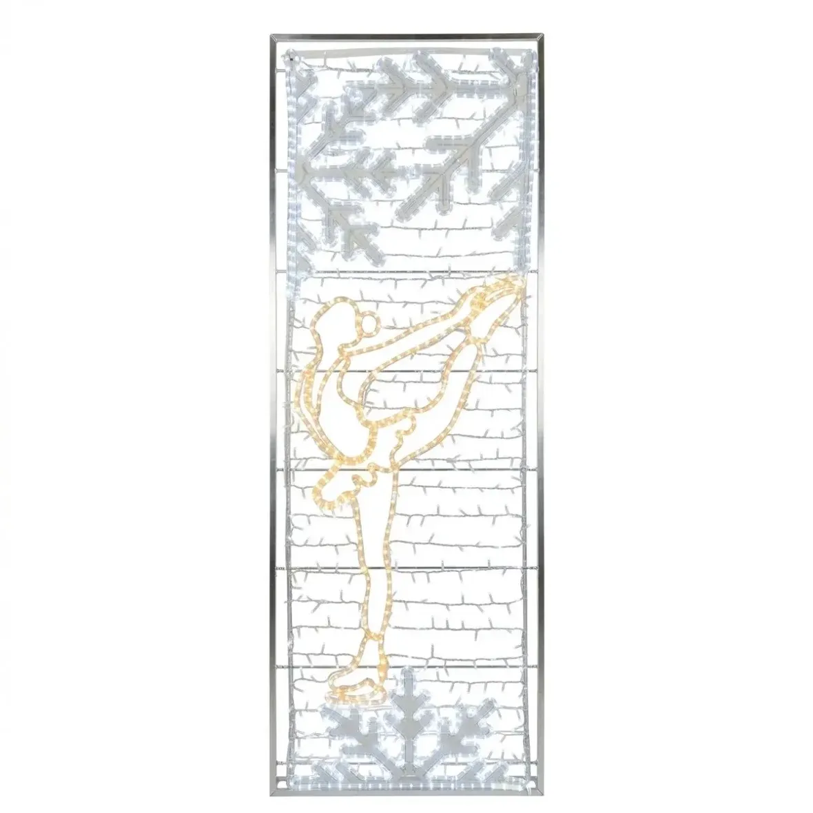2D LED světelný banner krasobruslařka 80 × 247 cm, teple a ledově bílá, výplet, 3D tisk, rám hliník, závěsná