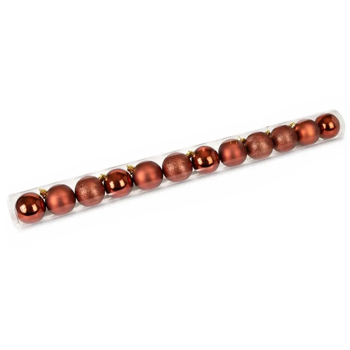 Sada vánočních ozdob měděná 6 cm plastové koule, 4× lesklá, 4× matná, 4× glitter, balení 12 ks