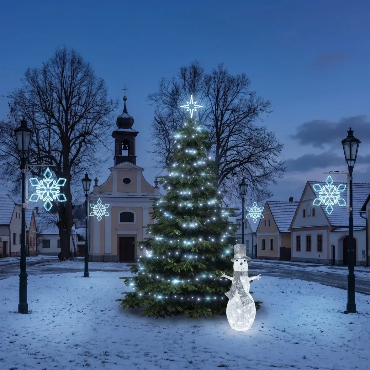 Vánoční sada pro obce Ledová vločka IX, strom 3–5 m Flash, 6× vločka IX na veřejné osvětlení, 3D LED sněhulák 107 cm, ledová bílá