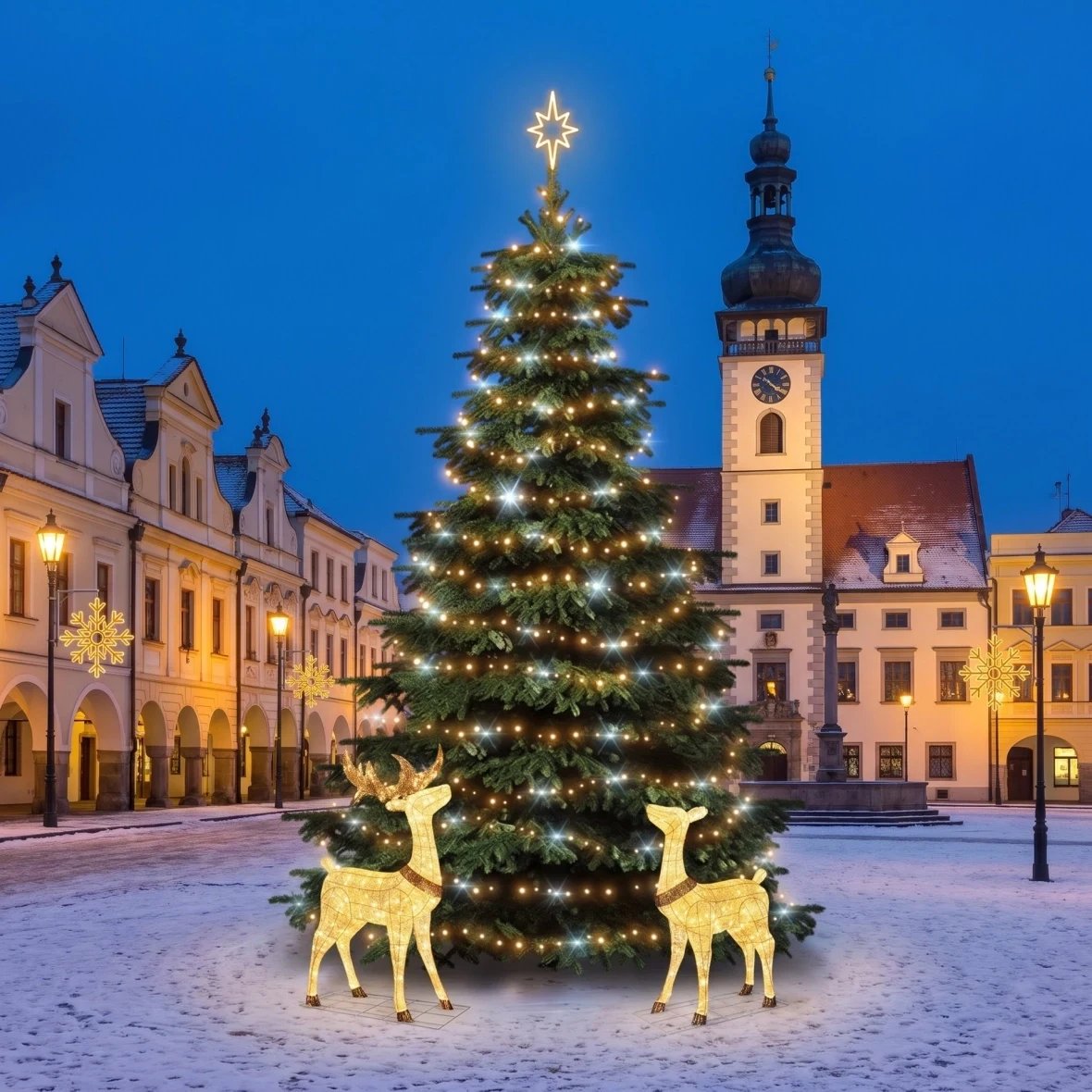 Vánoční sada pro obce Velká vločka X s jelenem a laní, strom 6–8 m Flash, 8× vločka X na veřejné osvětlení, 3D LED jelen a laň 150 cm, teplá bílá