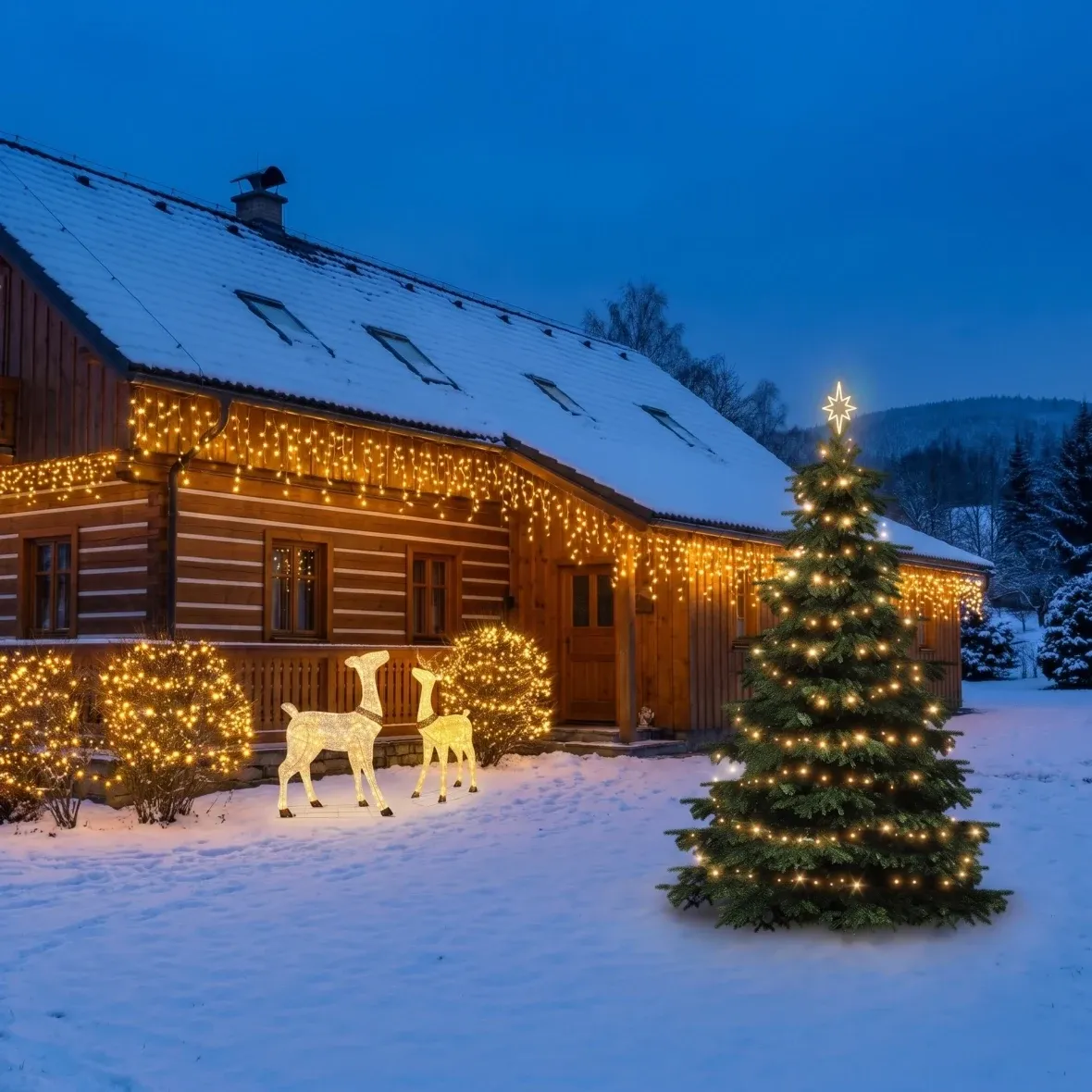 Vánoční sada pro hotely Fasáda, keře a strom, strom 3–5 m, 4× krápníky 3 m, 3× řetěz 20 m, 3D LED jelen a laň 150 cm, teplá bílá