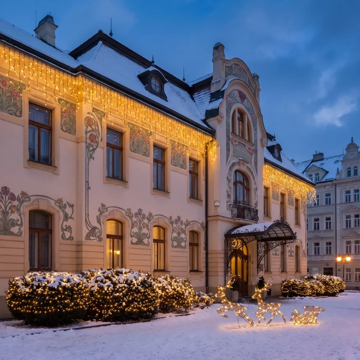 Vánoční sada Fasáda a keře pro hotely, secesní hotel v lázeňském městě
