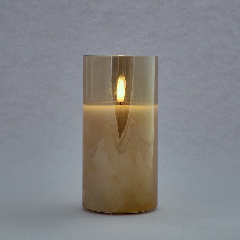 Świeca LED z wyłącznikiem czasowym w szkle, 7,5 × 12,5 cm, złota, ciepła biel, AA