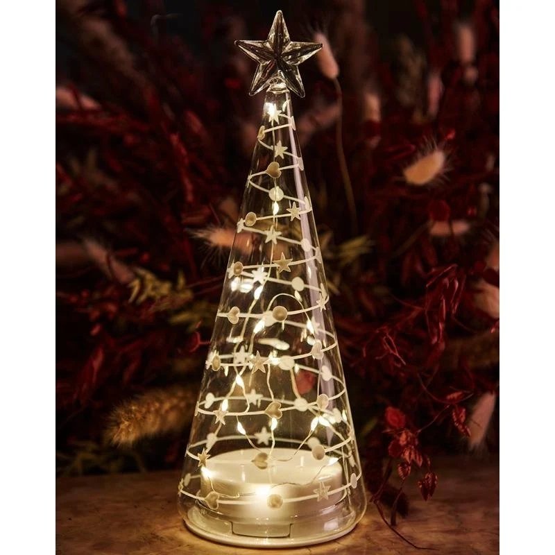 Szklana lampka choinkowa LED, przezroczysta, 26 cm, biały dekor