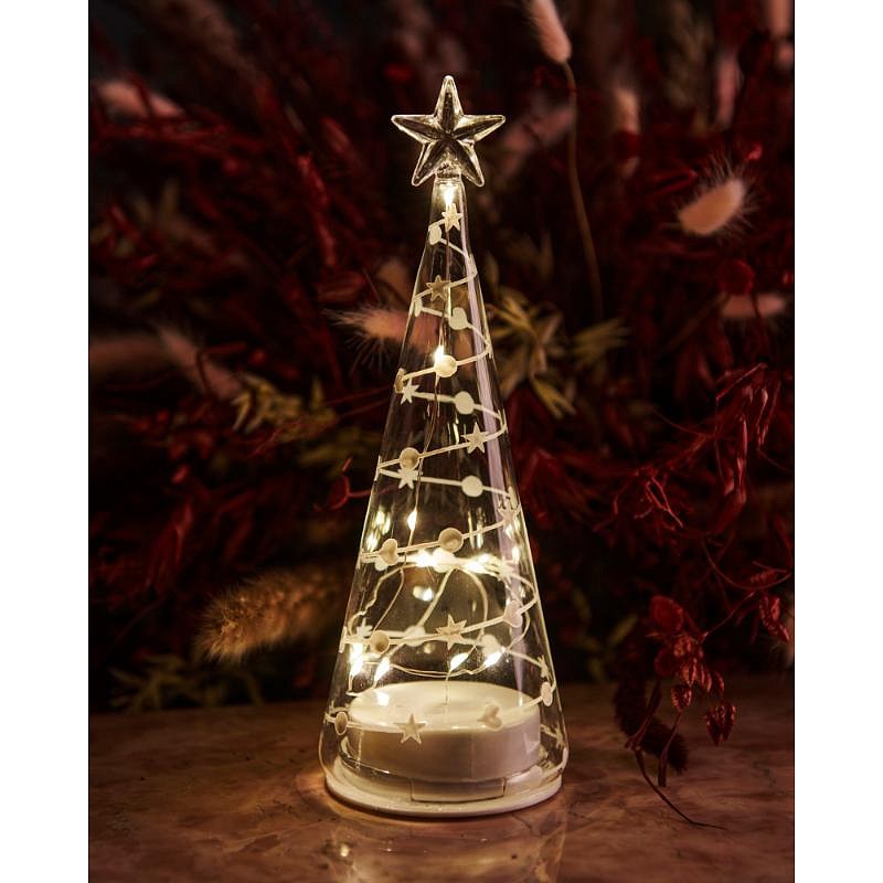 Szklana lampka choinkowa LED, przezroczysta, 22 cm, biały dekor