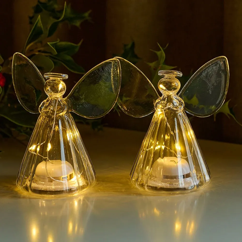 Szklany aniołek LED, przezroczysty, zestaw 2 sztuk, 10 cm