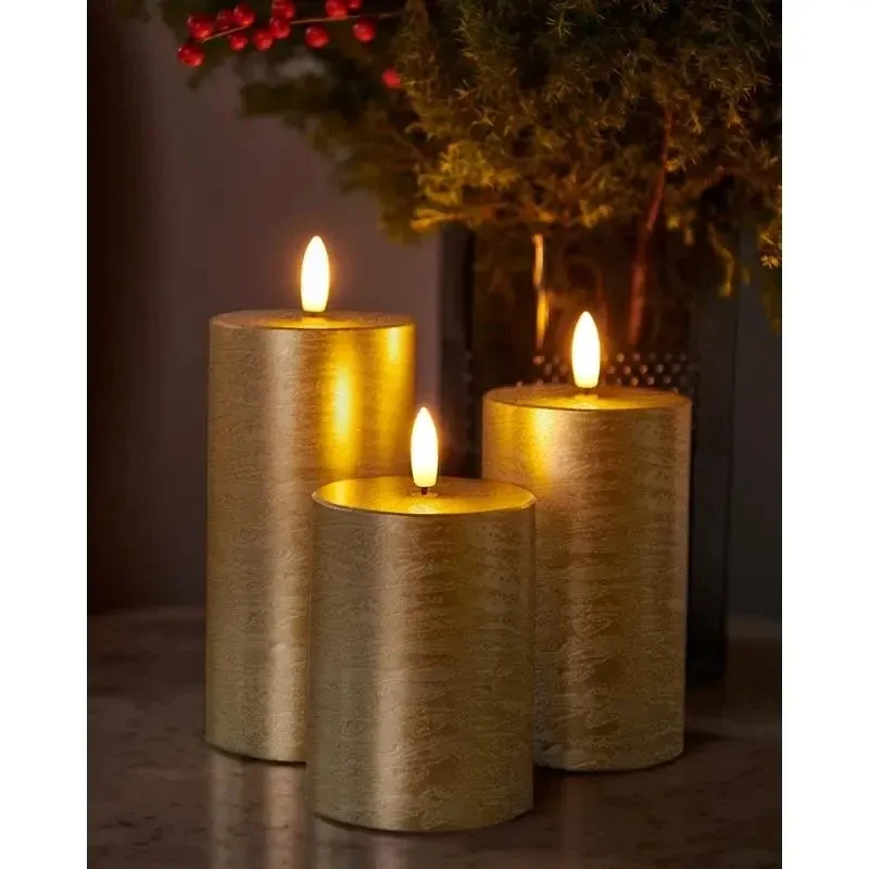 Świece woskowe LED Sille exclusive, 3 zestawy, złote