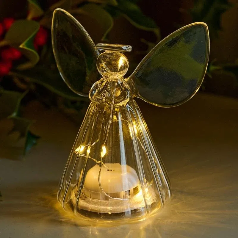 Anioł świetlny LED, szklany, przezroczysty, 14 cm