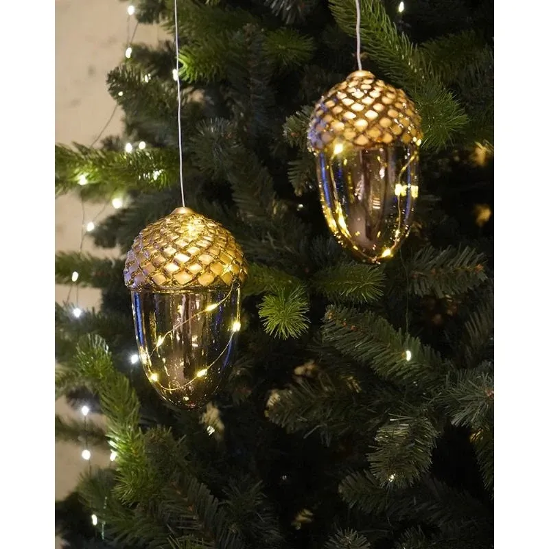 Wisząca dekoracja świetlna LED, żołądź, 16 cm, złota