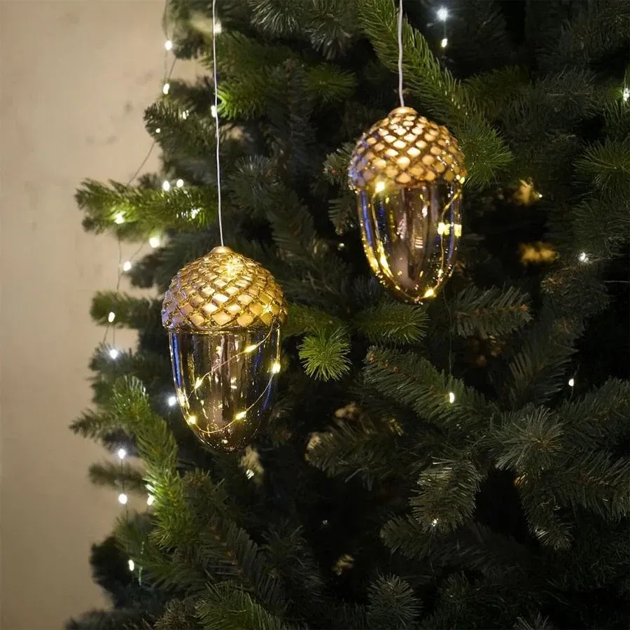 Wisząca dekoracja świetlna LED, żołądź, 13 cm, złota