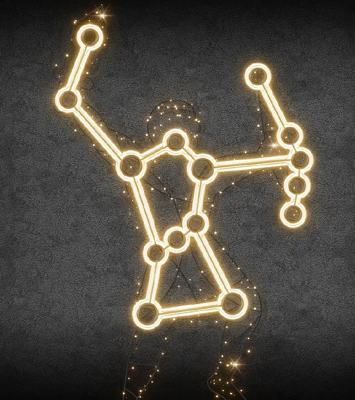Oświetlenie 2D LED konstelacji Orion, 245 × 350 cm, ciepły biały, stojące, drukowane 3D, aluminium