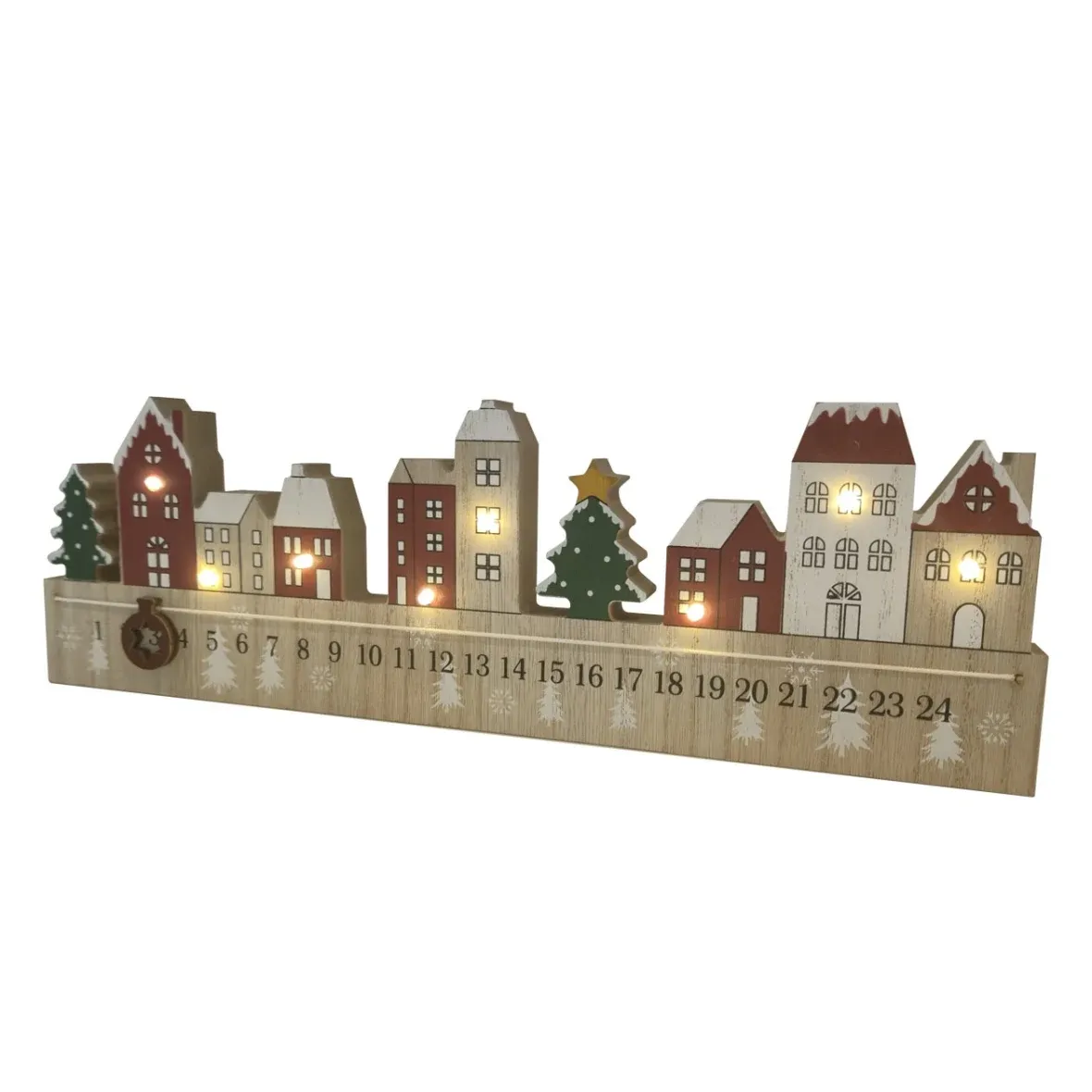 Kalendarz adwentowy z diodami LED, z przesuwanym okienkiem, 38 × 12 × 2,7 cm, drewniany, kolorowy, zasilany 2 bateriami AAA