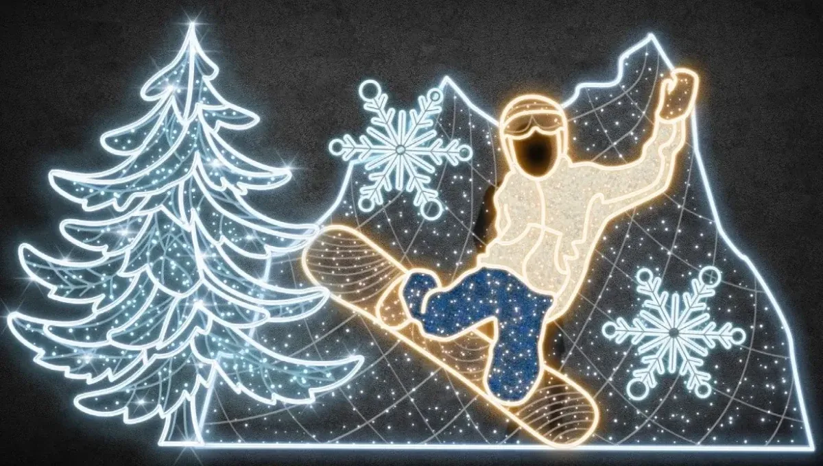 Panoramiczne oświetlenie LED 2D snowboardzisty, 455 × 240 cm, ciepły i lodowaty biały, stojące, druk 3D