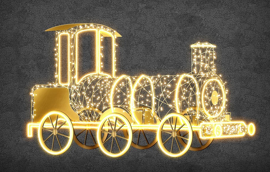 Lokomotywa świetlna Eco Fix 3D LED, 300 × 180 × 90 cm, ciepła biel, stojąca, aluminium