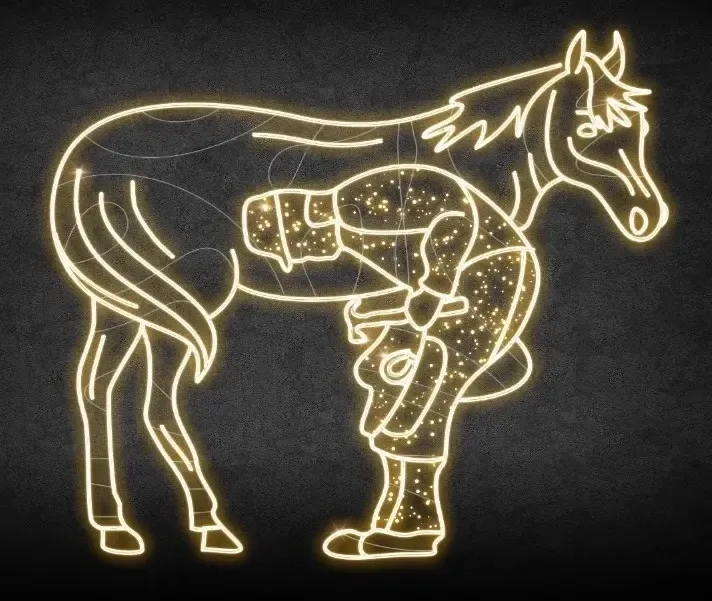 Eco Fix 2D LED świetlna figura stajennego i konia, 250 × 213 × 60 cm, ciepła biel, stojąca, druk 3D
