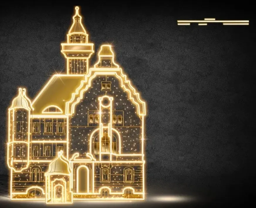 2D LED City Hall Light, 210 × 298 cm, ciepła biel, stojąca, druk 3D