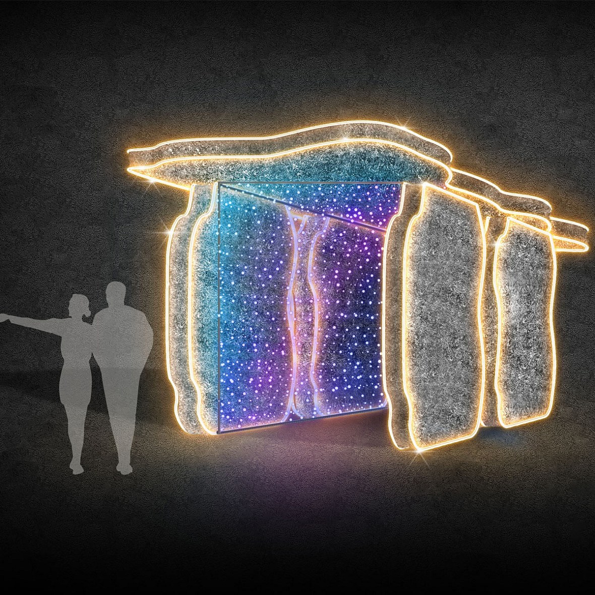 Tunel świetlny 3D LED Dolmens, Carlingford, 260 × 280 × 450 cm, ciepła biel i migotanie, aluminium