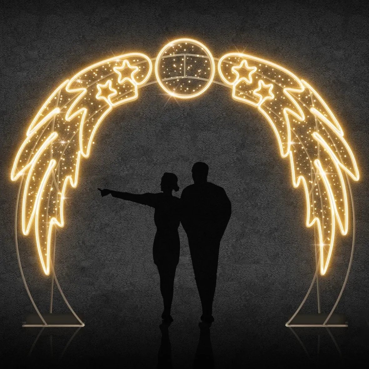 Lampa skrzydłowa Eco Fix 2D LED Angel, 315 × 280 cm, ciepła biel z efektem Flash, stojąca, aluminium