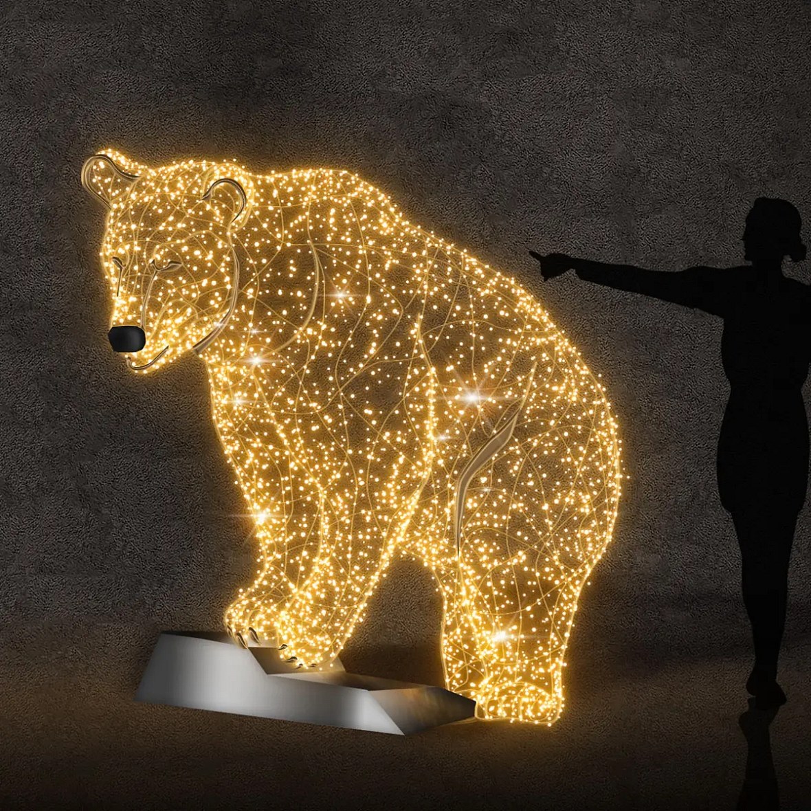 3D LED light bear on rock, 200 × 215 cm, ciepła biel, aluminium