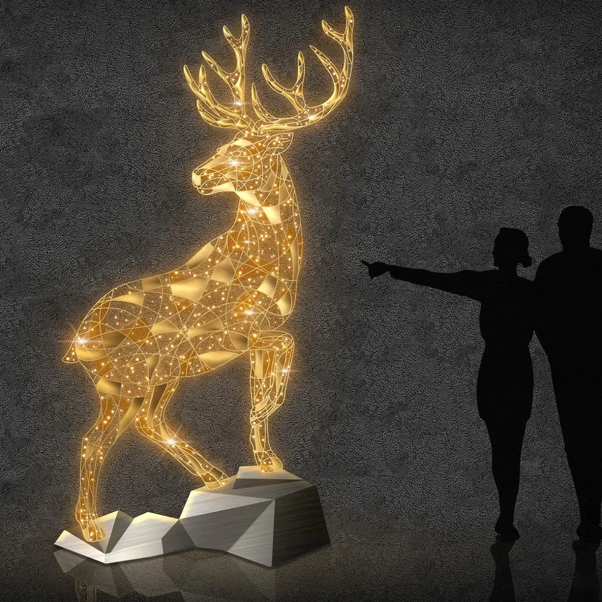 Jeleń 3D LED na skale 220 × 330 × 120 cm, ciepła biel, 36 V, 37 W, 59,4 kg, wykonany z 3 części