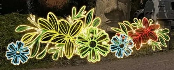 Kwiaty świetlne LED 2D, kolorowy plastik, 495 × 180 cm, ciepły biały, stojące, druk 3D, aluminium