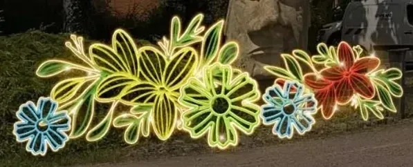 Kwiaty świetlne LED 2D, kolorowy plastik, 495 × 180 cm, ciepły biały, stojące, druk 3D, aluminium