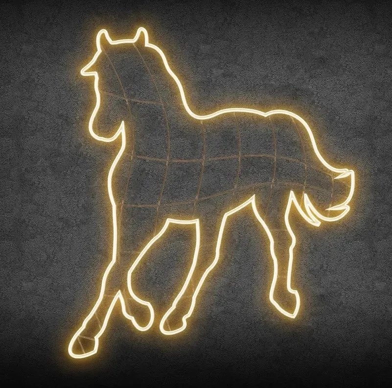Koń świetlny LED 2D, 126 × 145 cm, ciepły biały, stojący, aluminium