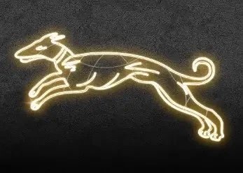Eco Fix 2D LED light dog, w skoku, kolor złoty, 150 × 85 cm, ciepły biały, stojący, druk 3D, aluminium